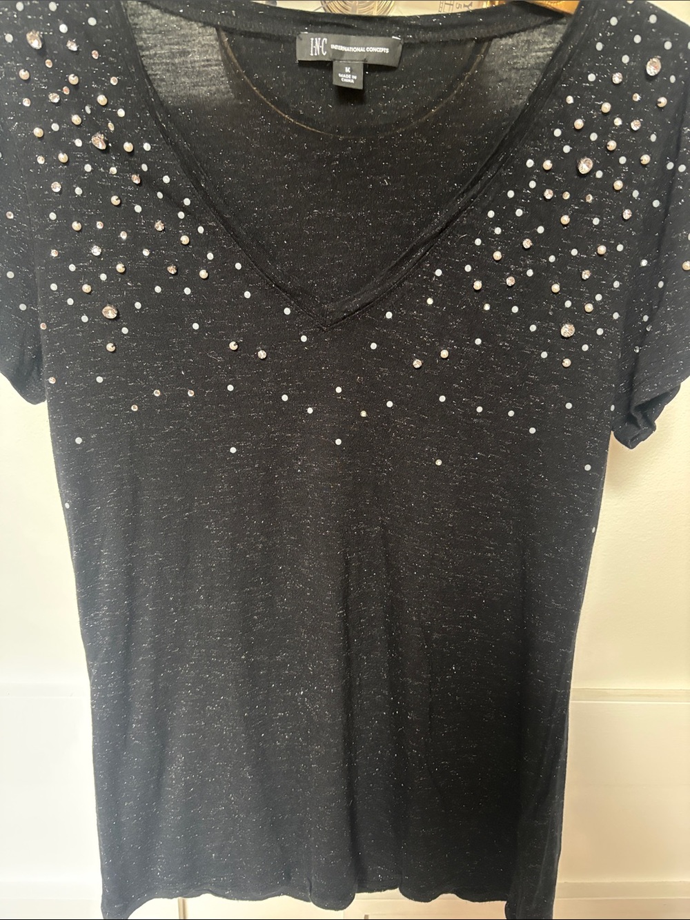 INC International Concepts Black V-Neck Short Sleeve Tee with Rhinestone Accents